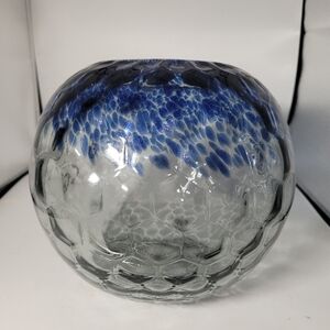 Heavy Hand Blown Art Glass Blue And Clear Honeycomb Optic Bowl Vase